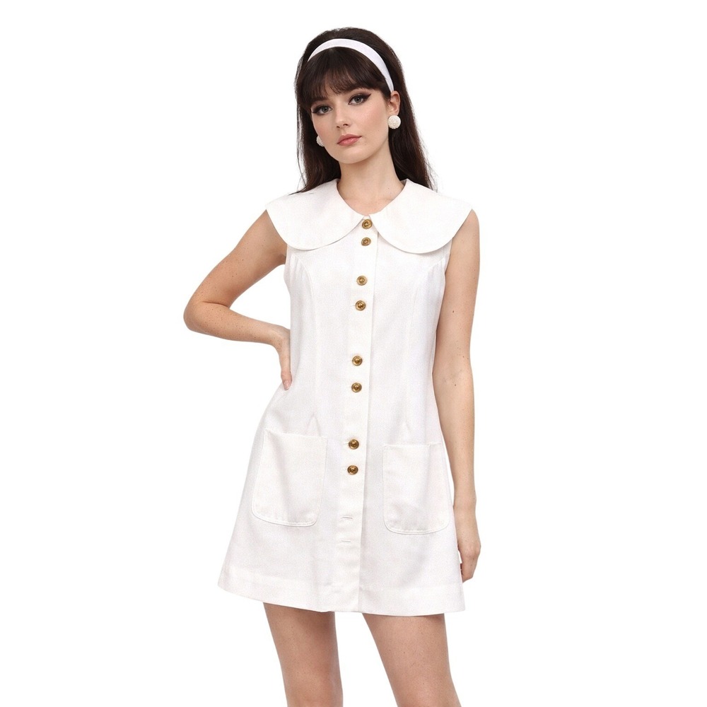 PETER PAN SUNBLAZERS Vintage White Mod Shift Dress Gold Buttons Size S